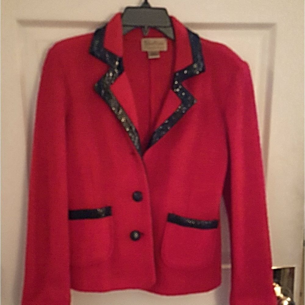 CHERRY RED MOHAIR BLAZER W/ LEATHER TRIM